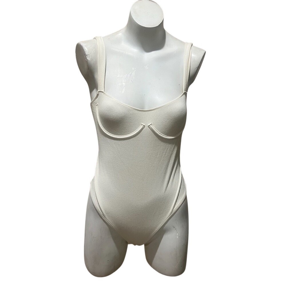 Free People Intimately Bodysuit Womens M Ivory Ribbed Underwire Thong
